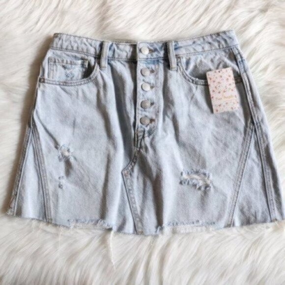 NWT Free People A Line Light Blue Wash Denim Jean Mini Skirt - Picture 1 of 6